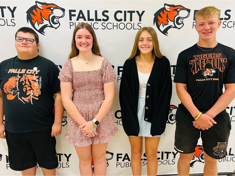 FallsCityPS's tweet photo. Congratulations August high school students of the month.  Ethan Sullivan, Reece McNeely, Carlea Dunkhas, and Tate Wilcox.
#FCPublic #showingtheirstripes https://t.co/RCkXGYc1aA