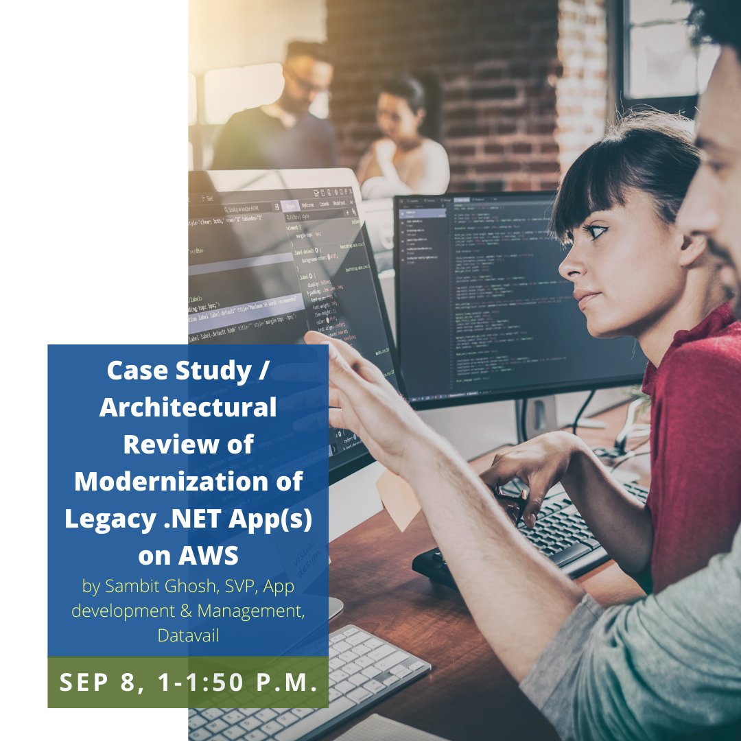 datavail's tweet image. At #DeveloperWeekCloud .NET Enterprise Developer Days Hosted By AWS? Don't miss -"Case Study/Architectural Review of Modernization of Legacy .NET App(s) on AWS," Sep 8, 1-1:50 p.m. by Sambit Ghosh, SVP, #Appdev & Management, Datavail #DevWeekGlobal #Dotnet
bit.ly/3KBcn1y