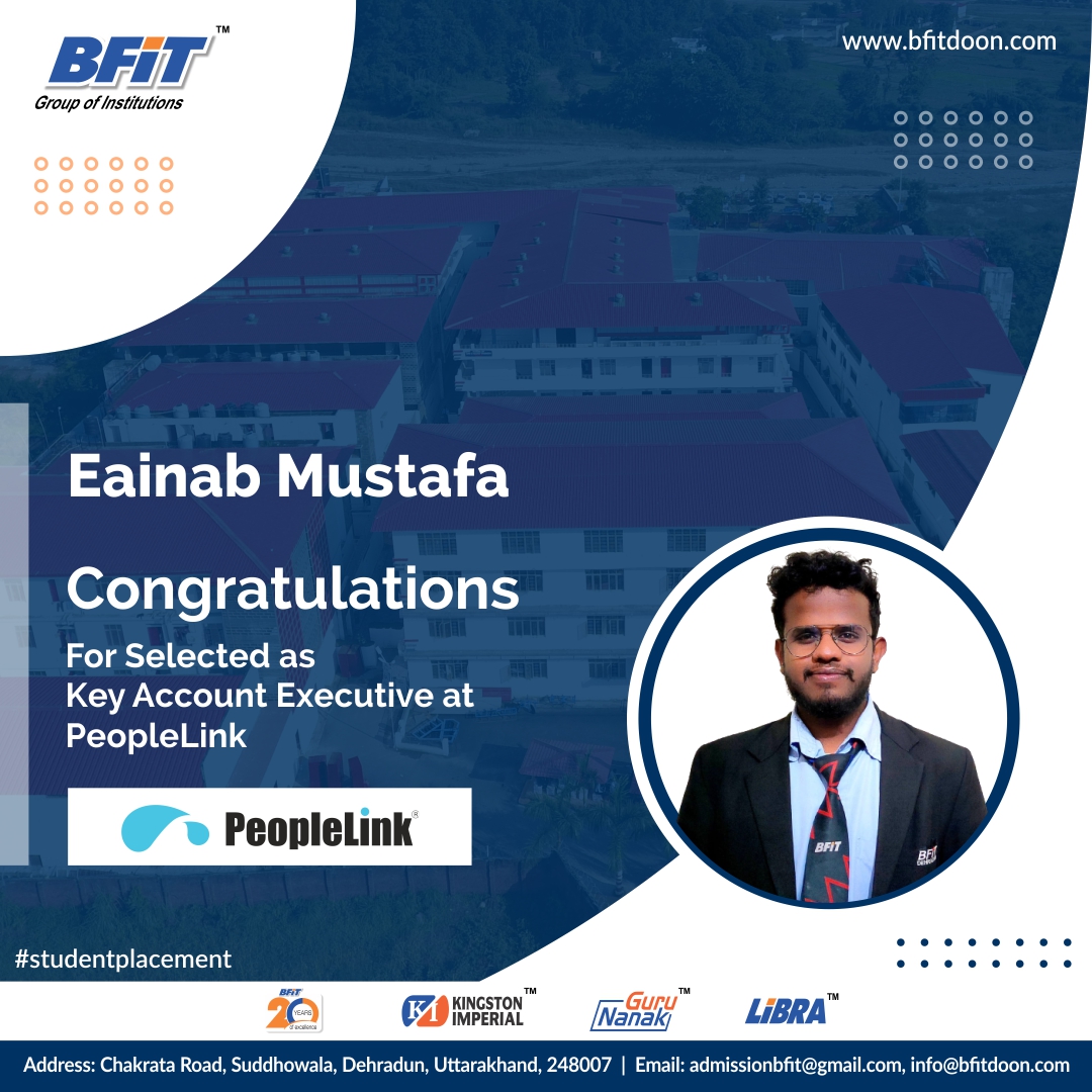 BFITGroup's tweet photo. Congratulation to the bright student of BFIT Group of Institutions Mr. Eainab Mustafa for getting placement in PeopleLink.

The entire BFIT Group of Institutions is proud of you and wishes you all the very best for your career growth.
.
.
.
#placement #job #jobs #career https://t.co/WDBAIKbf5p