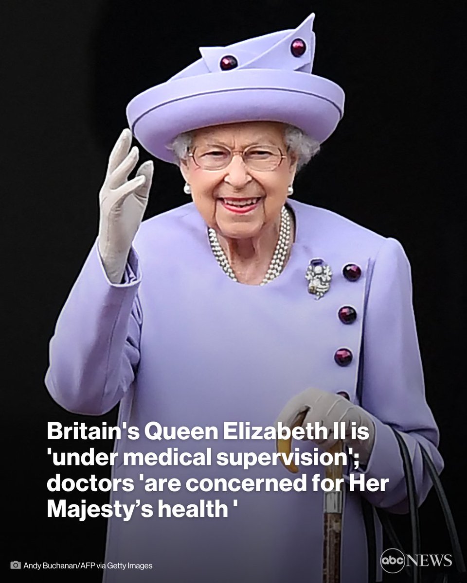 BREAKING: Britain's Queen Elizabeth II is "under medical supervision," Buckingham Palace announces.

"The Queen’s doctors are concerned for Her Majesty’s health and have recommended she remain under medical supervision," the palace says.

UPDATES: abcn.ws/3Rt75rv
