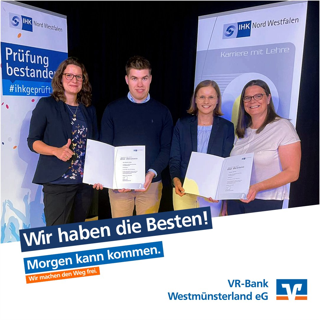 volksbankwml's tweet photo. Spitzen-Azubis: Unsere Kollegen Leandra Sühling und Jan-Hendrik Lange wurden bei der @IHK_NRW Bestenehrung ausgezeichnet. 🏅 Herzlichen Glückwunsch. Wir sind mega stolz auf euch! 💐💙
#vrbankwml #morgenkannkommen #ehemaligeazubis #absolventen #diebesten #ihkgeprüft #coesfeld https://t.co/i5QXrMircH