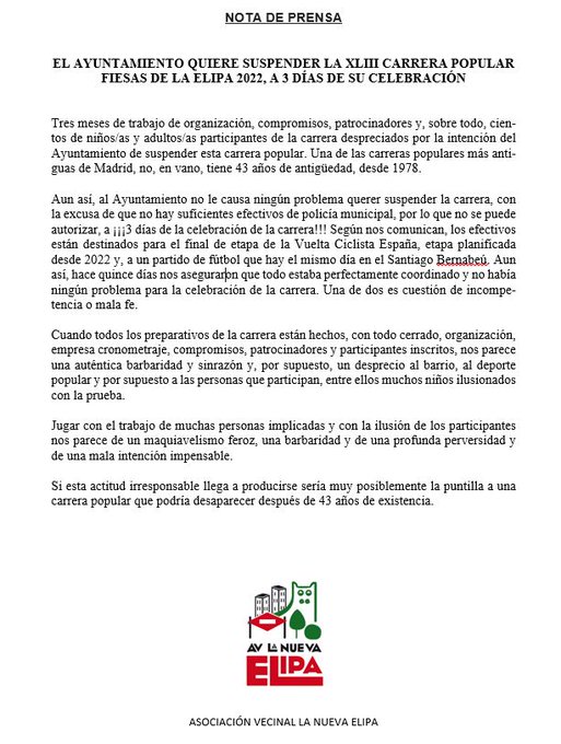 <a href="/MADRID/">Ayuntamiento Madrid</a> desprecia de nuevo a sus vecinos y sus organizaciones. Tras un trabajo de meses organizando la carrera popular de la Elipa, a 3 días de su celebración nos comunica que se suspende por falta de policías municipales. O falta de previsión o mala fe.