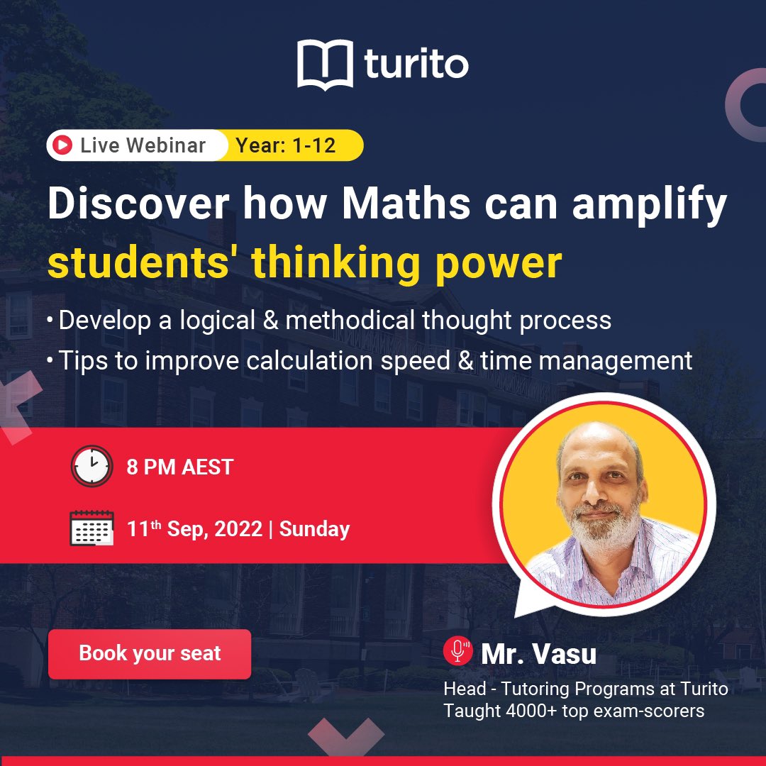turitoaus's tweet image. Live Webinar Alert! Unleash your child&apos;s analytical thinking prowess with Maths. 

Register for FREE now @ bit.ly/3ezp8gU

Hurry up! Limited seats available.

#Turito #livewebinar #mathwebinar #learnmath #funwithmath #math #mathematics #oneononetutoring #mathtutor