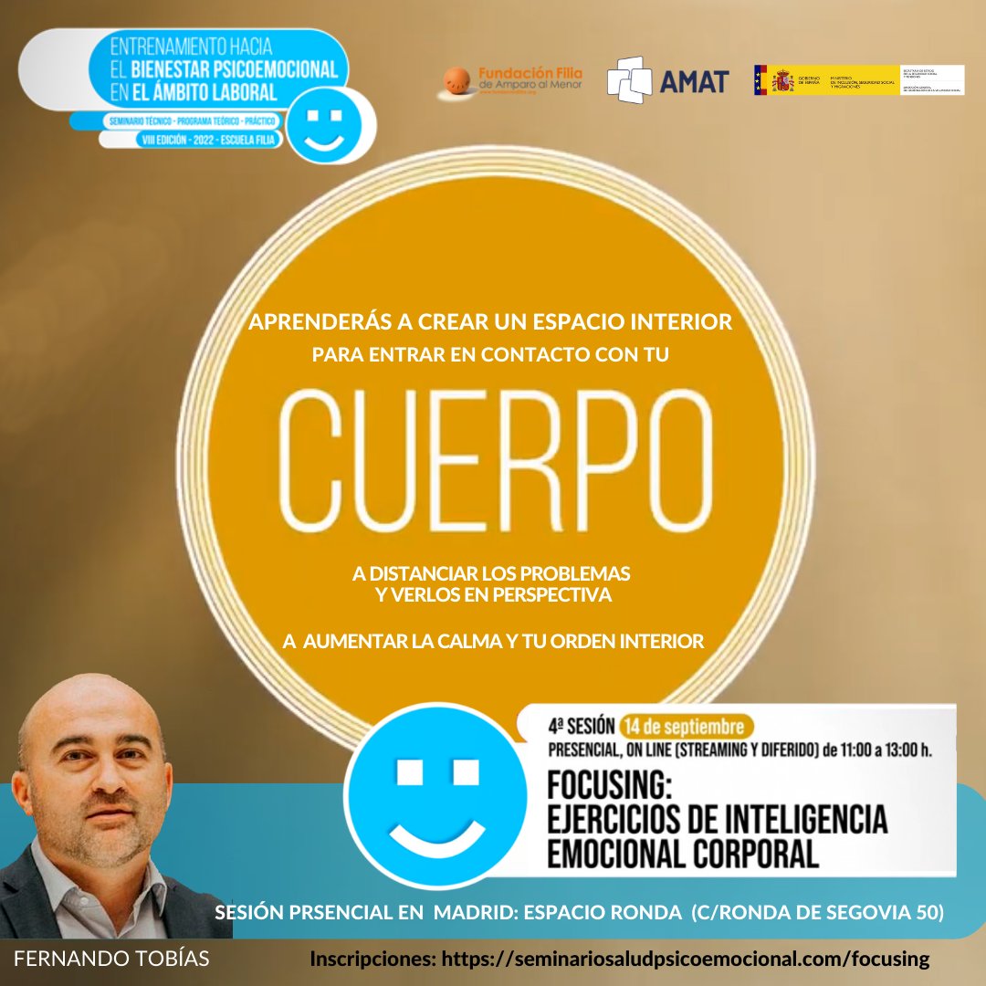 mutualiamutua's tweet photo. Conferencia: "#Focusing: ejercicios de inteligencia emocional corporal"
Aprenderás a crear un espacio interior para entrar en contacto con tu propio cuerpo, de la mano de @ftobiasmoreno
🗓️14/9
🕐11 a 13 h.
📝https://t.co/sGWOtEovCj
Organiza #AMAT y @FundacionFilia https://t.co/tajgzariT1