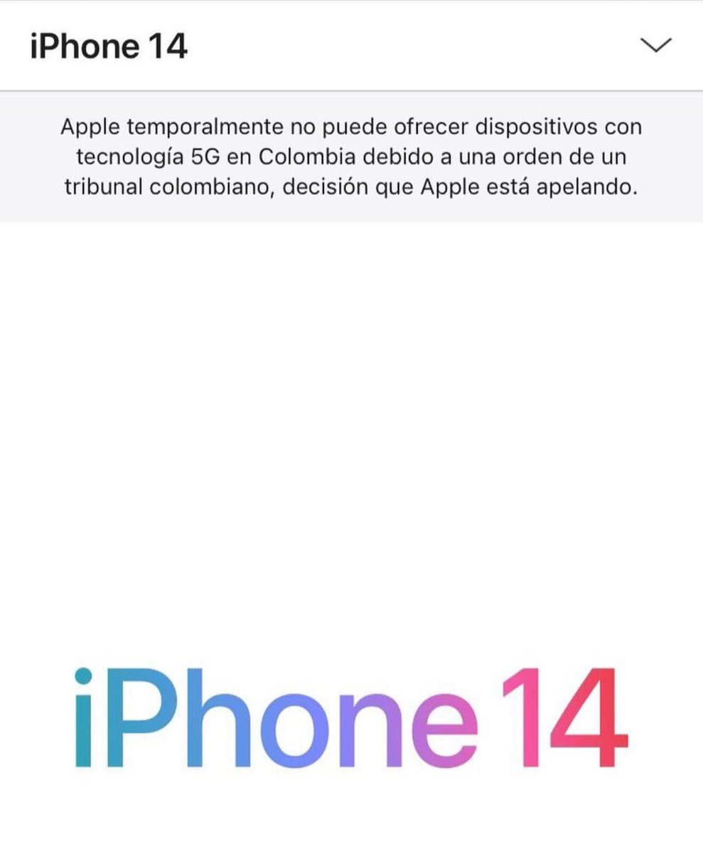 BryanPinzon18's tweet photo. @CaracolTV me gustaría que hicieran una investigación con respecto al nuevo iPhone. En teoría por el fallo de la corte, Apple no puede comercializar artículos con tecnología 5G en Colombia.¿Qué pasará si yo compro el iphone 14 en el exterior, podré homologarlo en Colombia y usar? https://t.co/LiLfi3djeR