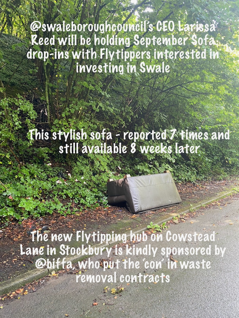 richardlack's tweet photo. @SwaleCouncil's CEO Larissa Reed (@ChiefSwale)  will be holding September Sofa Drop-ins with Flytippers looking to invest in Swale, sponsored by @Biffa https://t.co/lLOGdhBk2S