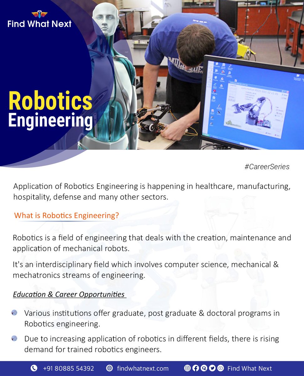 findwhatnext's tweet photo. 📌 Know Robotics Engineering!
✅ What is Robotics Engineering?
✅ Education & Career Opportunities in Robotics Engineering
You can call☎️or WhatsApp📱@ 8088554392 to discuss about education & career.
#robotics #roboticsengineering #robotic #roboticengineer #careerinrobotics https://t.co/PtFHbxE6zX