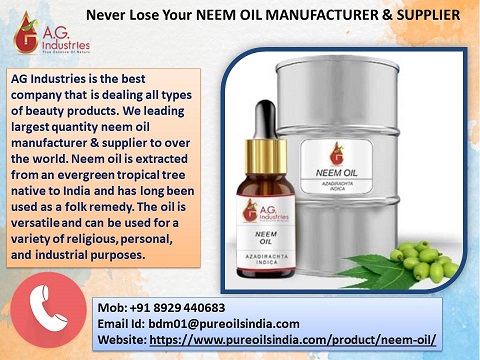 AayushS56965697's tweet image. Never Lose Your Neem Oil Manufacturer &amp;amp; Supplier Again
AG Industries is the best company dealing with all types of beauty products. For more information, contact us:
Mob: +91 8929 440683
Email Id: bdm01@pureoilsindia.com
Website: pureoilsindia.com/product/neem-o…
#privatelabelmanufacturer