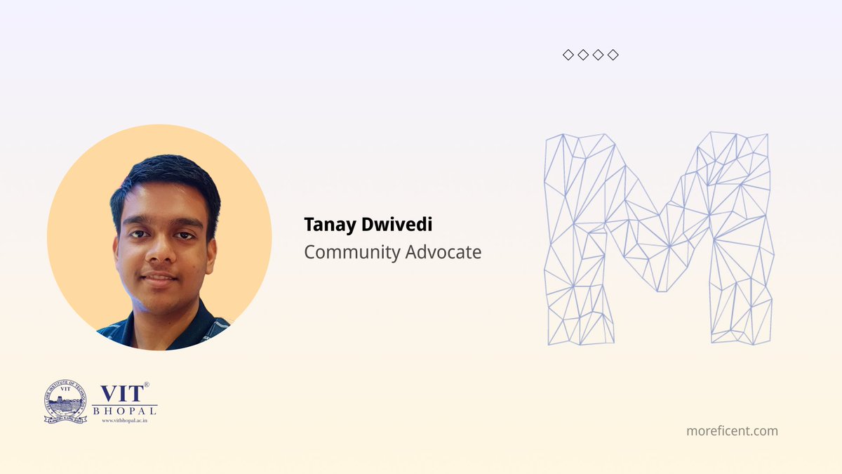 moreficent_comm's tweet photo. Welcoming our Community Advocate for Moreficent Community- Tanay Dwivedi.

Tanay Dwivedi is a pre-final year student pursuing computer science &amp; engineering from VIT, Vellore.

Be the face of the Moreficent community.
Apply here- https://t.co/wVG6Z80adY

#community #advocates https://t.co/3bepuyHUVK