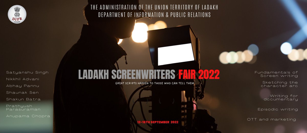 Org by DIPR Ladakh & curated by @FilmCompanion the five-day #LadakhScreenwritersFair2022 starting from Sep 12 will present an ocean of learning opportunities from the experts of film fraternity @LadakhSecretary @anupamachopra @shakunbatra @MIB_India @PIB_India @ddnewsladakh