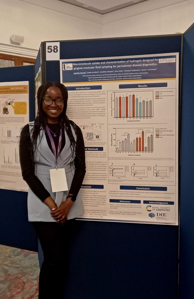 Are you at the #APS2022 by the @APS_PharmSci, head over to poster number 58. I'm sharing preliminary data from my PhD at @UlsterUni. I'm happy to discuss the applications of hydrogels in biofluid sampling and periodontal disease diagnostics. @AJCourtenay, thank you!