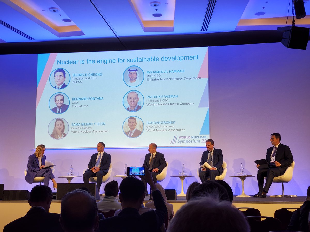 RIZZOIntl's tweet photo. Great panel to kickstart @WorldNuclear @NuclearSympo—leaders from @ENEC_UAE, @SkupinaCEZ, @WECNuclear, @Framatome_ share their thoughts on how #nuclear is on its path to become the engine for #sustainable development around the world. https://t.co/RCvU7NfyGF