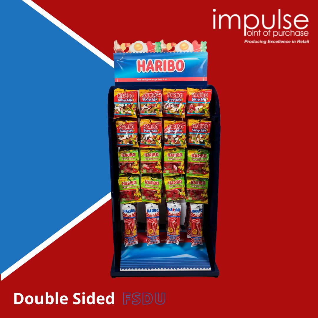 impulsepop's tweet photo. Working closely with the client, various ideas were developed and presented. The final design solution was a colourful metal framed unit with hooks for hanging the product bags, to which there are attached Haribo branded foamex side wings.👌 

#retaildisplay #POPdisplay https://t.co/l6aGnBrkIU