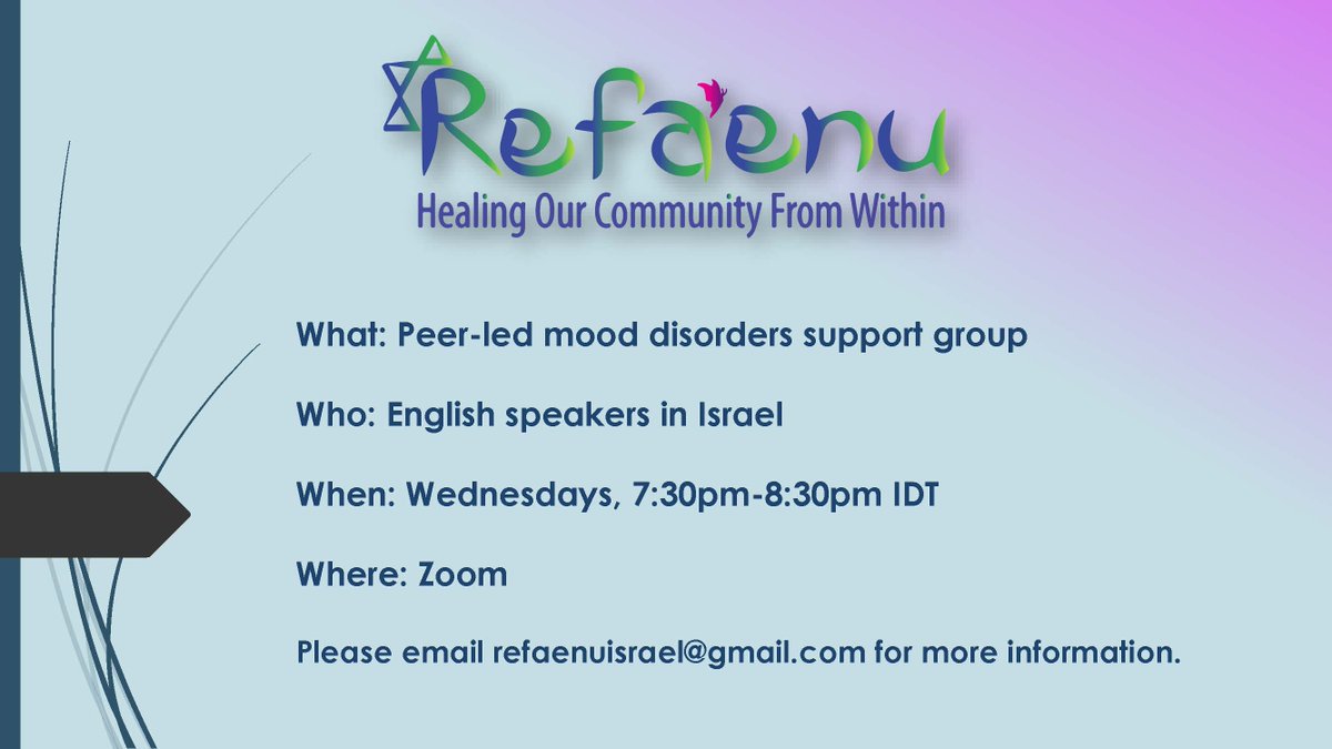 moodyjews's tweet photo. For more information about our new, peer-led, mood disorders support group for English speakers in Israel, contact refaenuisrael@gmail.com

The first group starts next Wednesday, September 14th!

#mentalhealth #mooddisorders #depression #bipolar #peersupport #israel https://t.co/rXFNLR7jgm