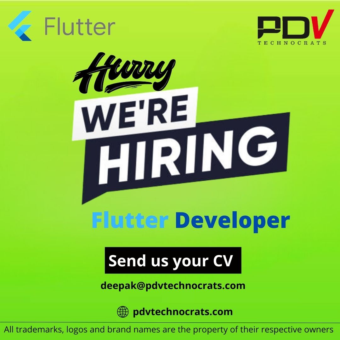 We are hiring for Flutter Developers at our Kothrud, Pune office for Junior and Senior positions.

Send profiles to us at :
deepak@pdvtechnocrats.com

#hiring #pune #jobs #jobsearch #recruitment #job #nowhiring #recruiting #career #employment #careers #hiringnow #work #jobseekers