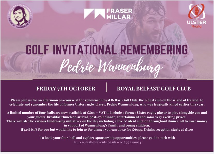 SarahSherry1's tweet photo. A limited number of 4 ball is available for this Golf Invitational Remembering @Pedrie6. PM me for further details. #lastfewspaces #ulsterrugby #player #coach #familyman #rugbyfamily @UlsterRugby https://t.co/XSEtNkPs3o