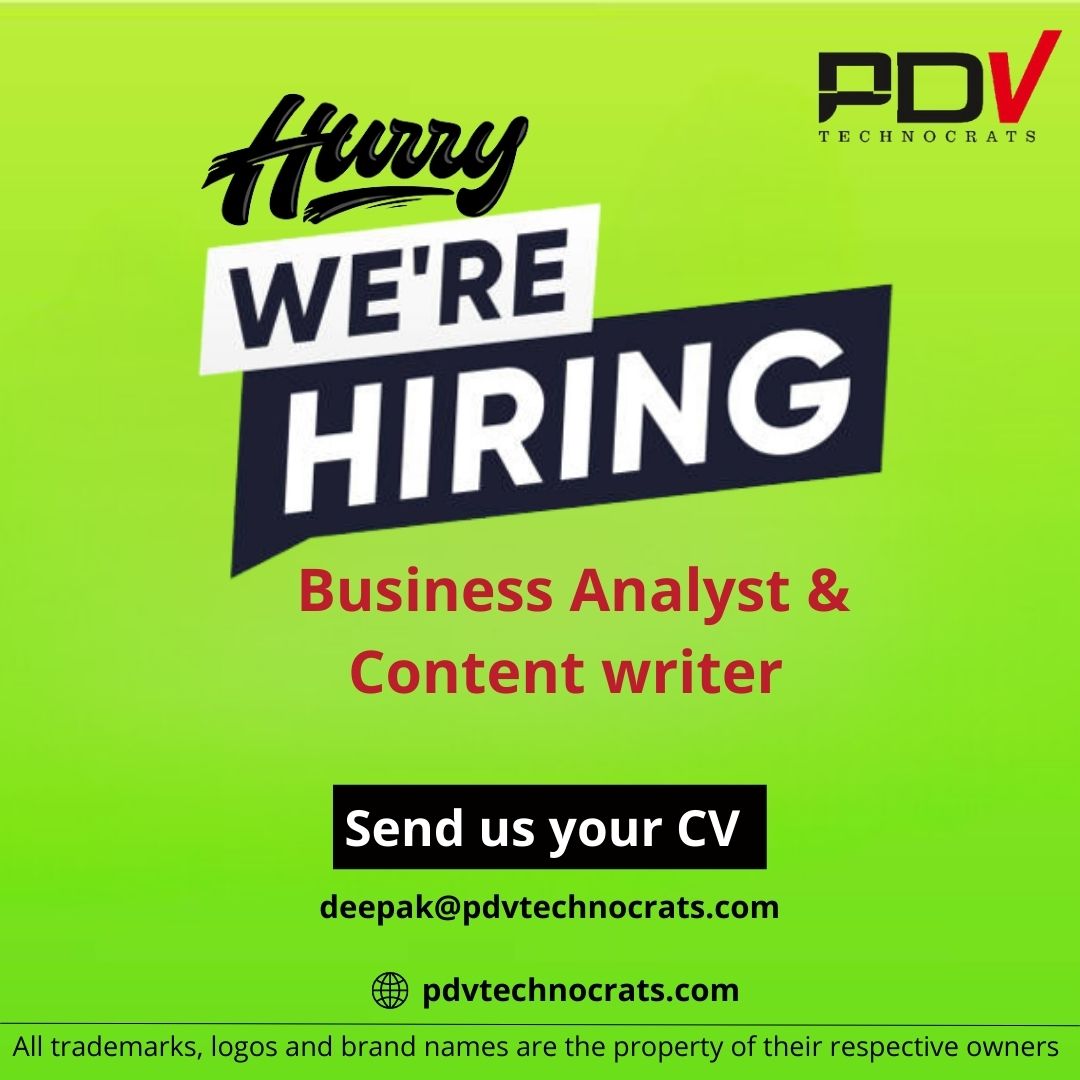 We are hiring for Business Analyst and Content writer for Tech Proposals at our Kothrud, Pune office both for Junior and Senior positions.

Send profiles to us at :
deepak@pdvtechnocrats.com

 #hiring #pune #jobs #jobsearch #recruitment #job #nowhiring #recruiting #career #hr