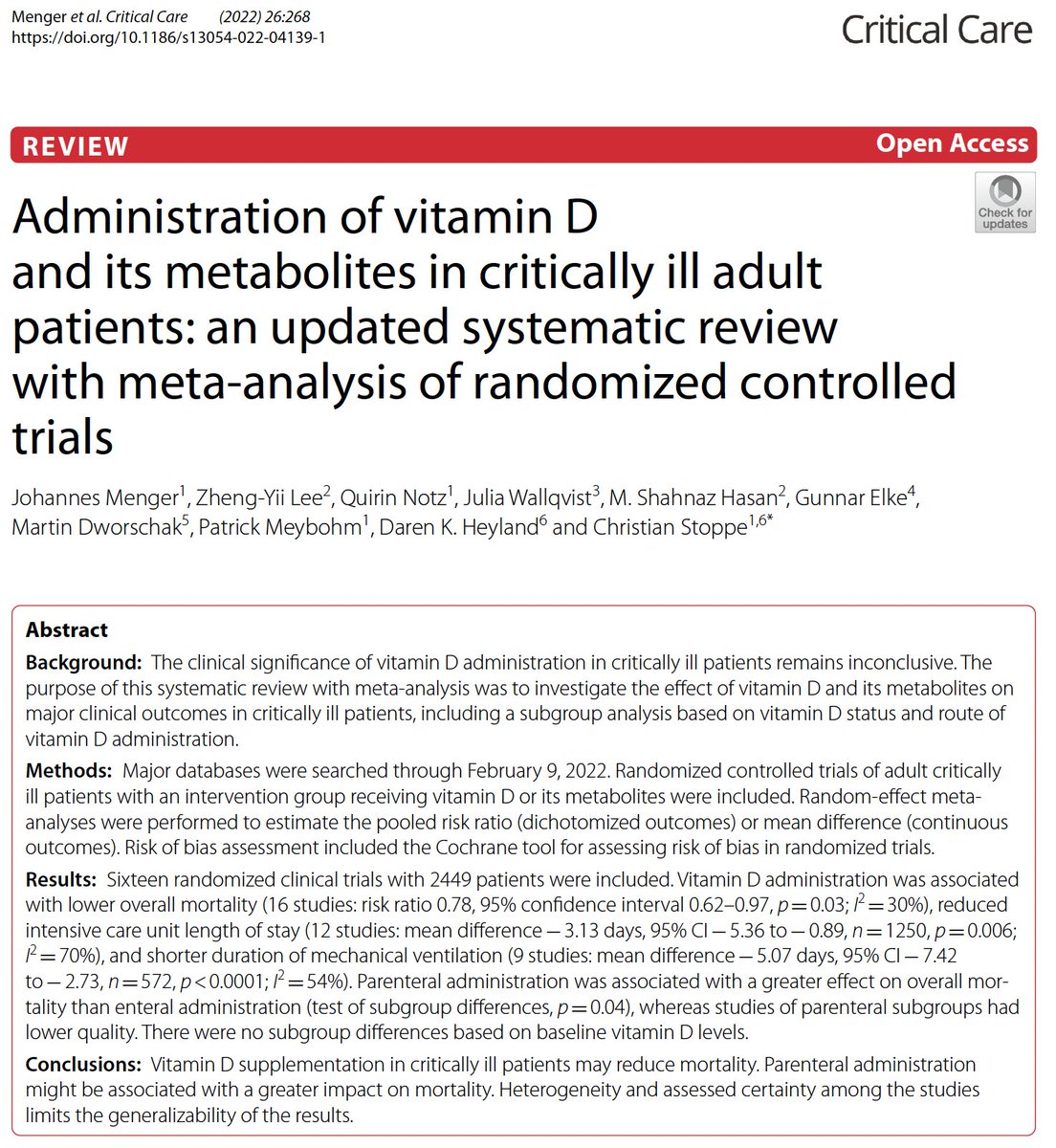 #VitaminD supplementation in #ICU pts may reduce mortality. PN administration might be associated with a greater impact on mortality. Heterogeneity and assessed certainty among the studies limits the generalizability of the results. Here our latest #SRMA
🔗rdcu.be/cVagR