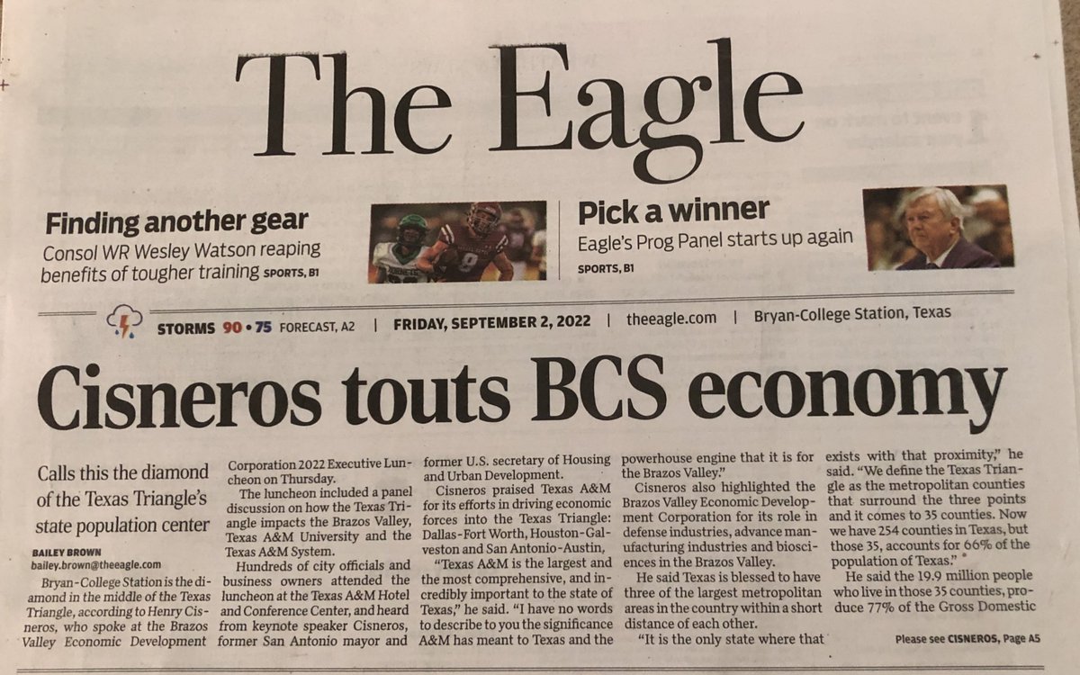 nprosenheim's tweet image. Texas Urban Triangle - 35 counties, 20 million people, $1.3 Trillion GDP, 53 (48%) of @Fortune500:  @henrygcisneros: @tamu “diamond in the middle” - population and economic data (@uscensusbureau @BLS_gov) in the news. #boosterism @lauptamu #mupallum #planningmethods