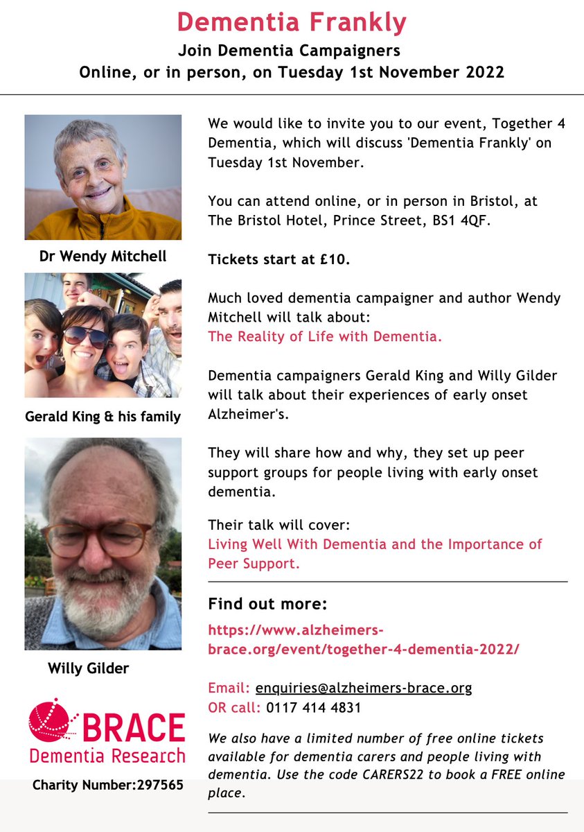 How fabulous is this?! Do join some amazing speakers at this year’s @AlzheimersBRACE conference: alzheimers-brace.org/event/together… Free tickets for people with dementia & carers. Cc: @Innov_Dementia @3NDWG @DementiaAllianc @DemCarersCount @tide_carers