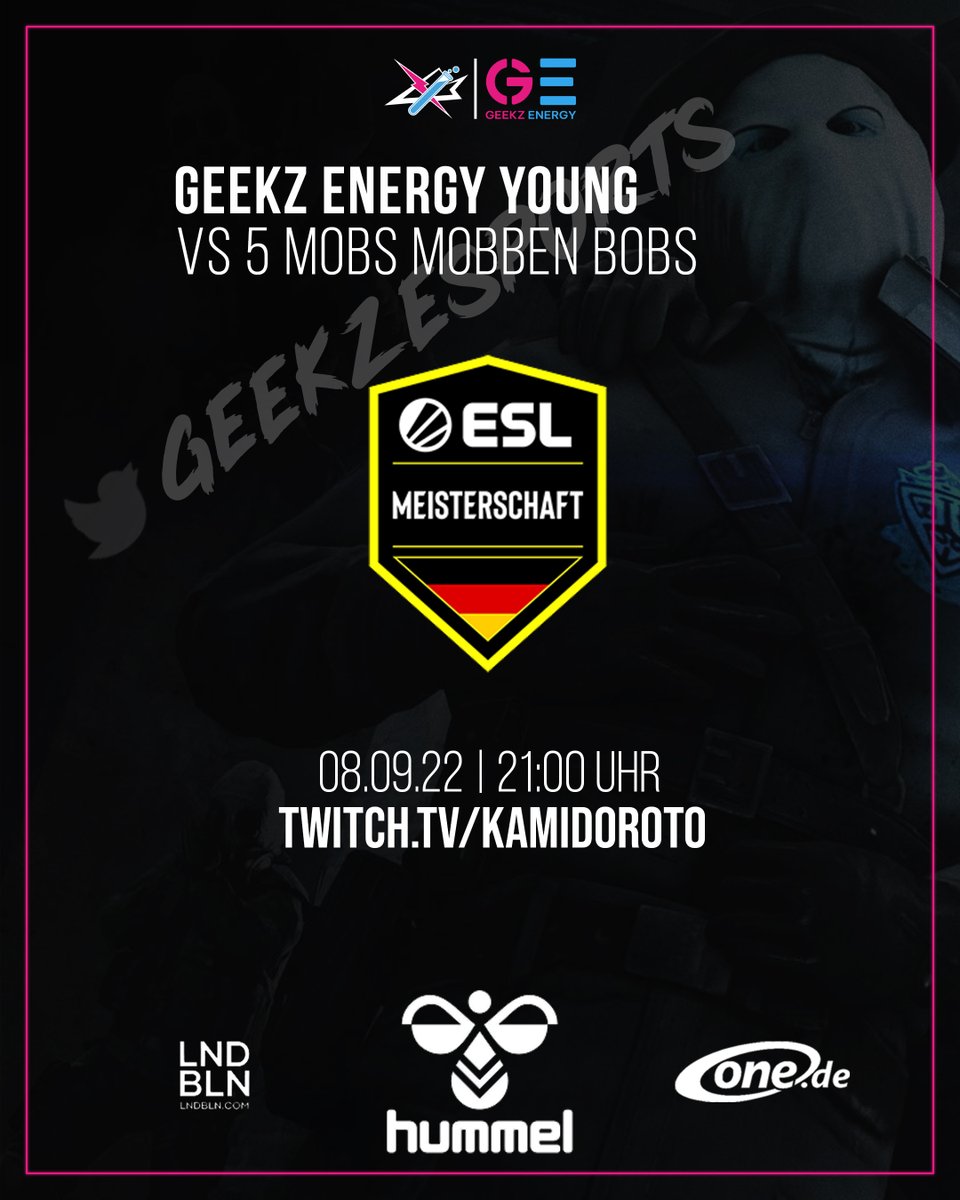 Heute Abend spielt Geekz Energy Young in der #ESLMeisterschaft Div4 gegen 5MMB. 
Der gute @LJNEXTeSport ist früher aus dem Urlaub zurück und übernimmt ab 21:00 Uhr auf twitch.tv/kamidoroto ! 

#letsgo #CSGO #esports #HUMMELSPORT