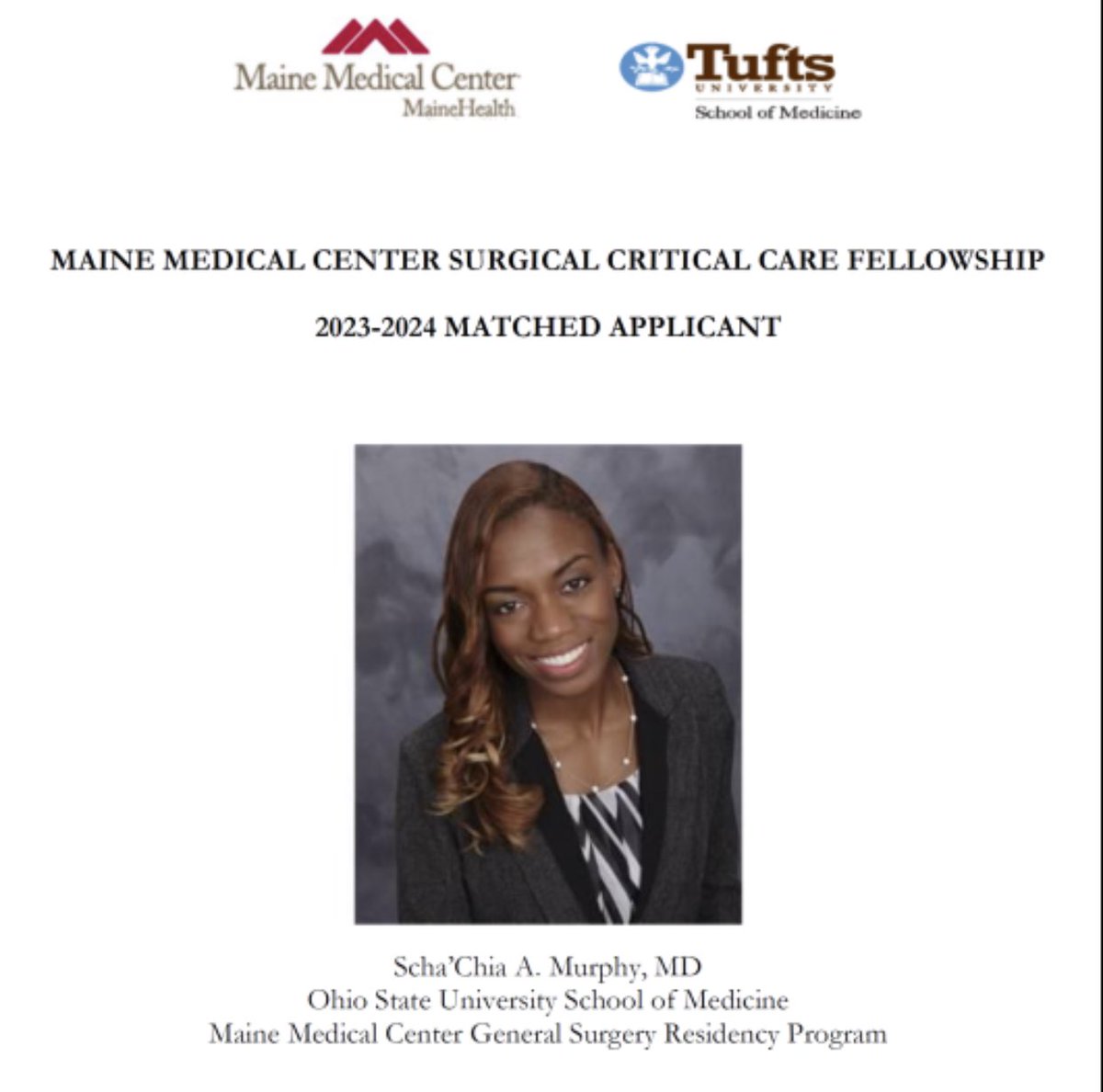 Congratulations to Dr. Scha’Chia Murphy on matching into our ⁦<a href="/MaineMedSurgery/">MaineMedSurgery</a>⁩ ⁦<a href="/MaineMed/">MaineHealth Maine Medical Center</a>⁩ surgical critical care fellowship.