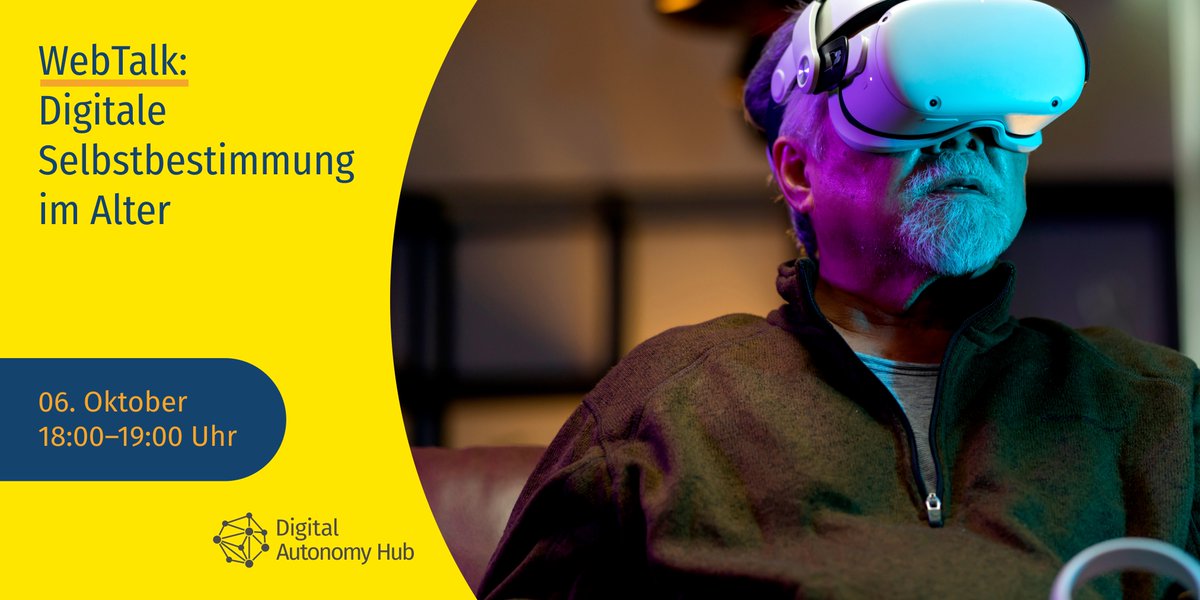 Wie steht’s um die digitale Selbstbestimmung älterer Menschen? Das ist Thema unseres WebTalks am 6.10. mit Dr. Janina Stiel <a href="/bagso_de/">BAGSO</a>, <a href="/pinkiundbrain/">Patrick Ney</a> &amp; Luis Perotti <a href="/ChariteBerlin/">Charité - Universitätsmedizin Berlin</a>. 
Jetzt anmelden 👉 digitalautonomy.net/veranstaltunge…