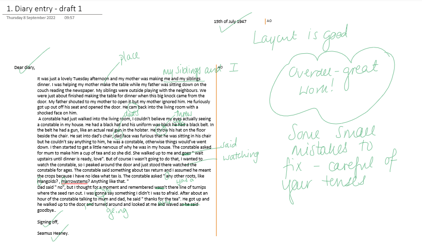 muinteoircasey's tweet photo. Some fantastic 1st attempts at #diaryentries by 2D based on @HeaneyDaily (Seamus Heaney)'s "A Constable Calls". Students were tasked with taking on the persona of a young Heaney after the constable called and detailing the event! @ClaregalwayColl #SeamusHeaney @jctEnglish #Poetry https://t.co/lGzjSvpucA