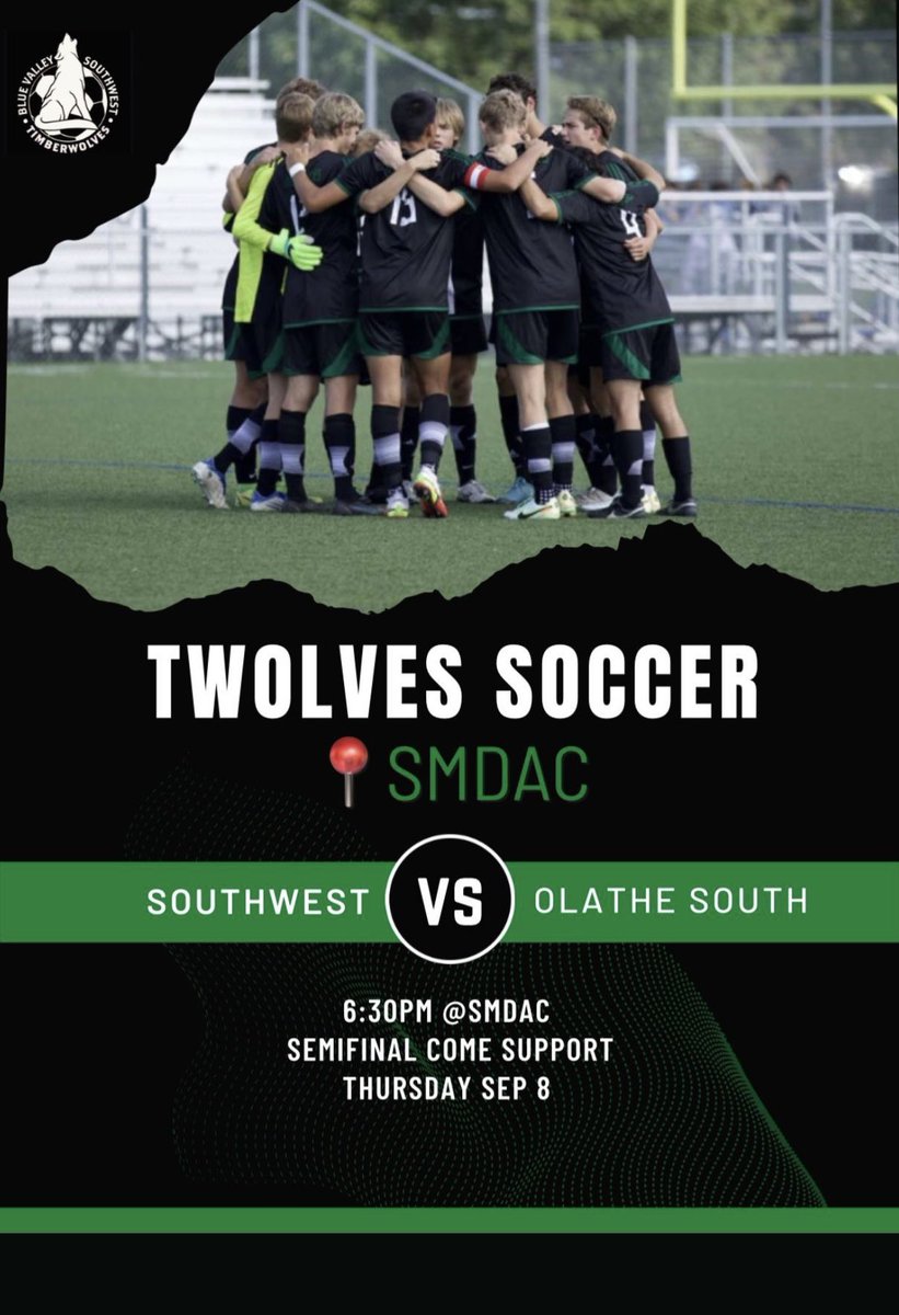 bvswboyssoccer's tweet photo. 🚨Game day alert🚨
Varsity plays in the semi finals!
⚽️BVSW 🆚 Olathe South
🗓 Sept. 8th 2022
⏰ 6:30 pm
🏟 Shawnee Mission Activity Complex
#SupportSoccer #ProtectThePack https://t.co/qULQTuWi5y