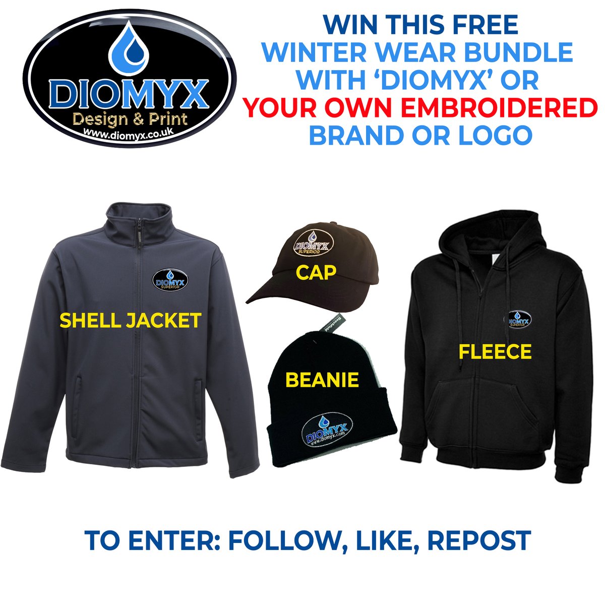 To celebrate the launch of our NEW DIOMYX Design & Print division we are giving away FREE Embroidered Workwear with DIOMYX or YOUR OWN NAME OR BRAND... To Enter: -FOLLOW -LIKE -RETWEET DOUBLE YOUR CHANCES OF WINNING BY FOLLOWING @diomyxprint on Facebook diomyx.co.uk