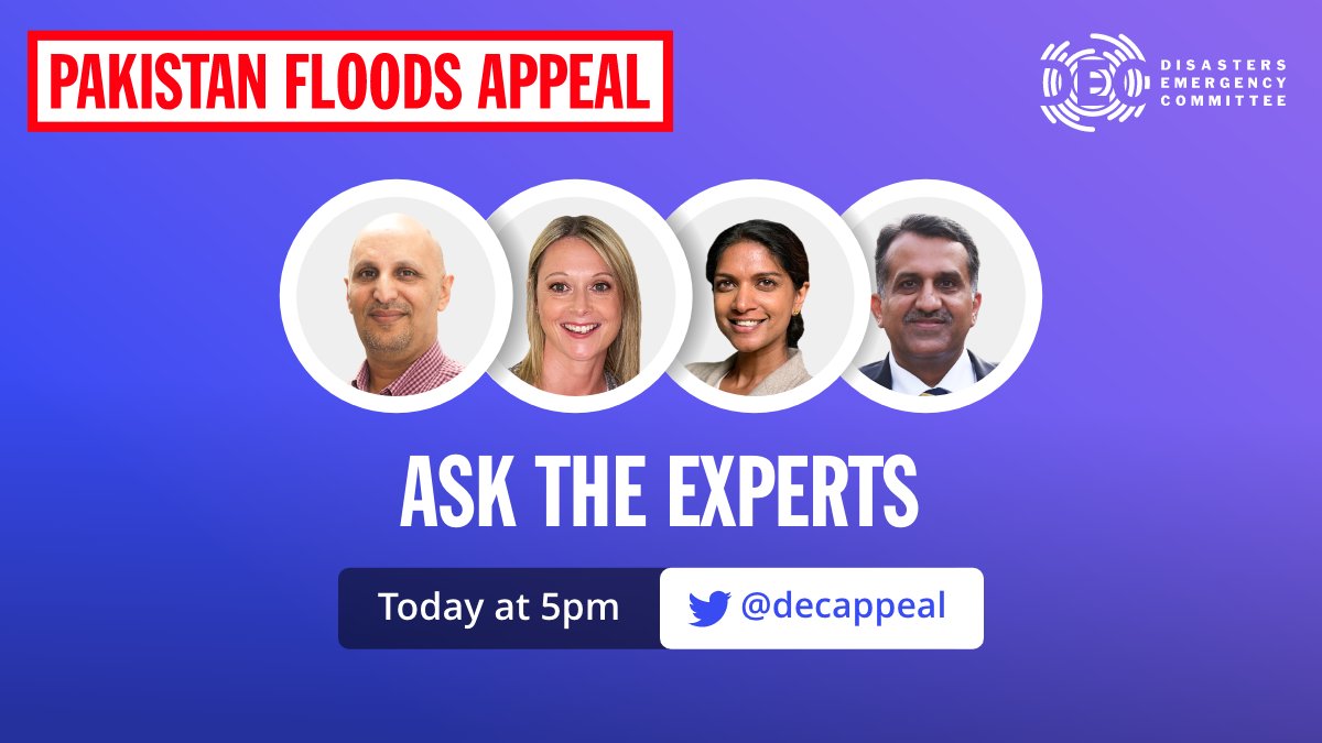 decappeal's tweet photo. Join our Twitter Space live at 5pm today for an update on the Pakistan floods and the DEC appeal, with experts @salehsaeed @madzUK @ClaireS_SCUK @adilshe12
DM your questions now to @decappeal
Link to join: https://t.co/fTOOKCGlJr
#PakistanFloodsAppeal
#AskDEC https://t.co/OK0Mv1yM60