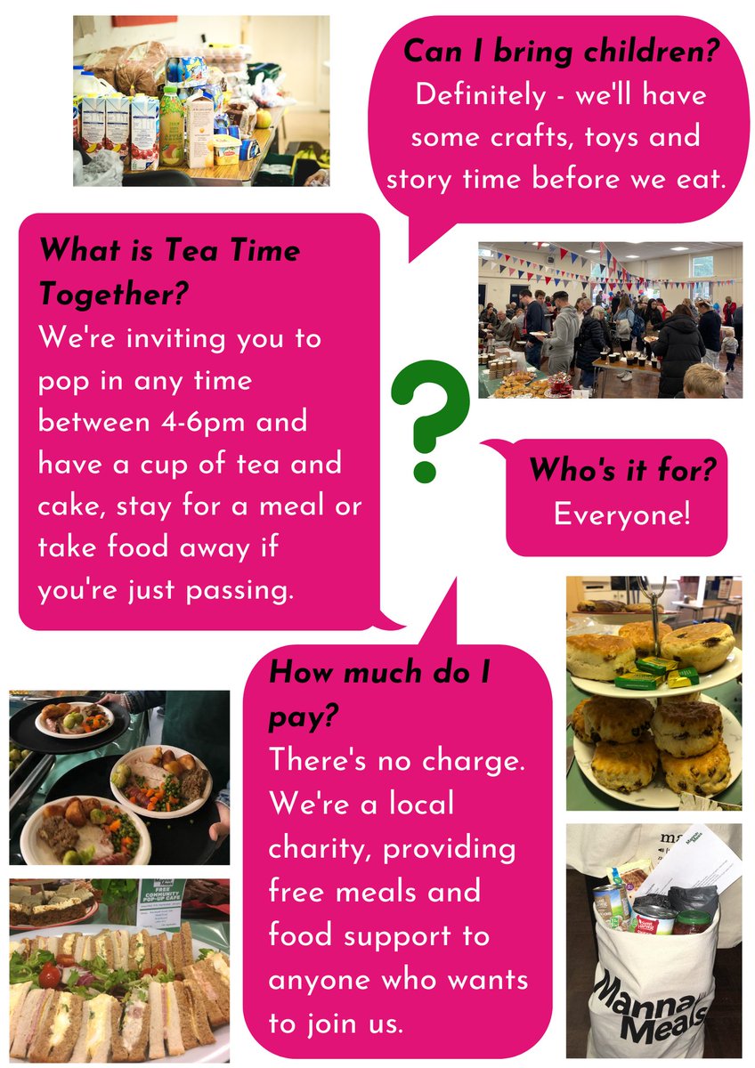 MannaMeals's tweet photo. DATES confirmed for Tea Time Together at Bishops Hall.
5th Oct
19th Oct
2nd Nov
16th Nov
30th Nov
14th Nov
Alternate Wednesdays from 4-6pm.
Drop in for a free cuppa and cake or stay for a hot meal! https://t.co/izQrrQBxCU
