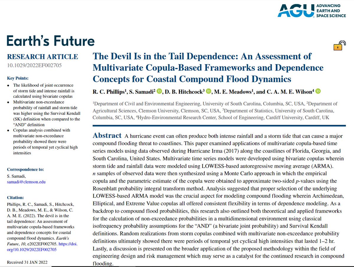 SamadiVidya's tweet image. 🥳NEW PUB ALERT🥳@theAGU @EarthsFutureEiC;Here we performed Irma-driven compound flooding for the southeast US. The likelihood of joint occurrence of storm tide &amp;amp; intense rainfall was defined as *the devil* condition which was temporary &amp;amp; lasted 1–2 hr. 👇
agupubs.onlinelibrary.wiley.com/doi/epdf/10.10…