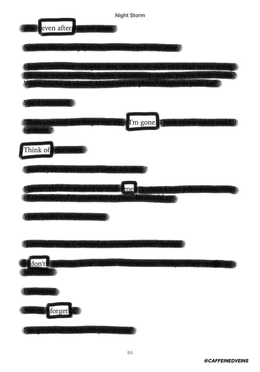caffeinedveins's tweet image. ⠀
Blackout poetry: An excerpt from Tuesdays with Morrie.

⠀