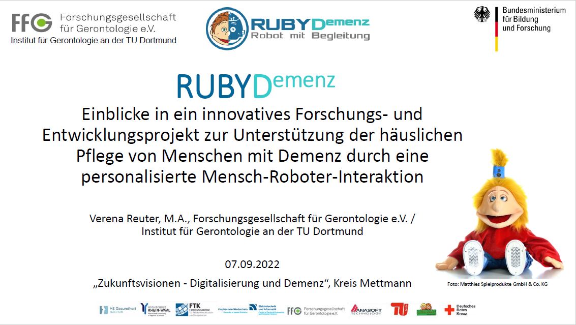 Bei der Fachtagung „Zukunftsvisionen – Digitalisierung und Demenz“ (organisiert von den „ALTERnativen 60 plus“ in Zusammenarbeit mit dem Kreisdemenznetz) des Kreises Mettmann hat Verena Reuter am 07.09.2022 das Projekt „RUBYDemenz“ vorgestellt. Mehr unter rubydemenz.de