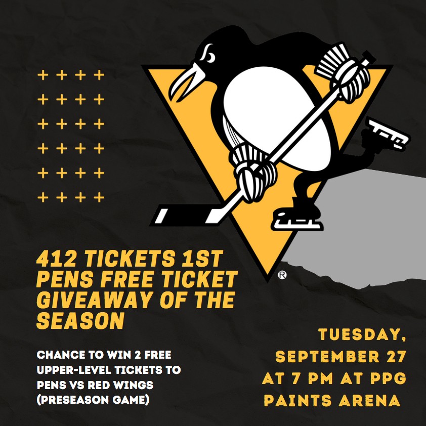 #PensFans, 1st  #PensFreeTicketGiveaway of Season
Chance to win 2 Free Upper-Level Tickets to the Preseason Game vs <a href="/DetroitRedWings/">Detroit Red Wings</a>
Tue 9/27 7pm
Giveaway starts Now ends Thu 9/8 at 11:59pm
To Enter: Follow, Retweet &amp; Tag Friends
You can Enter on our Facebook &amp; IG <a href="/412Tickets/">412 Tickets</a> too