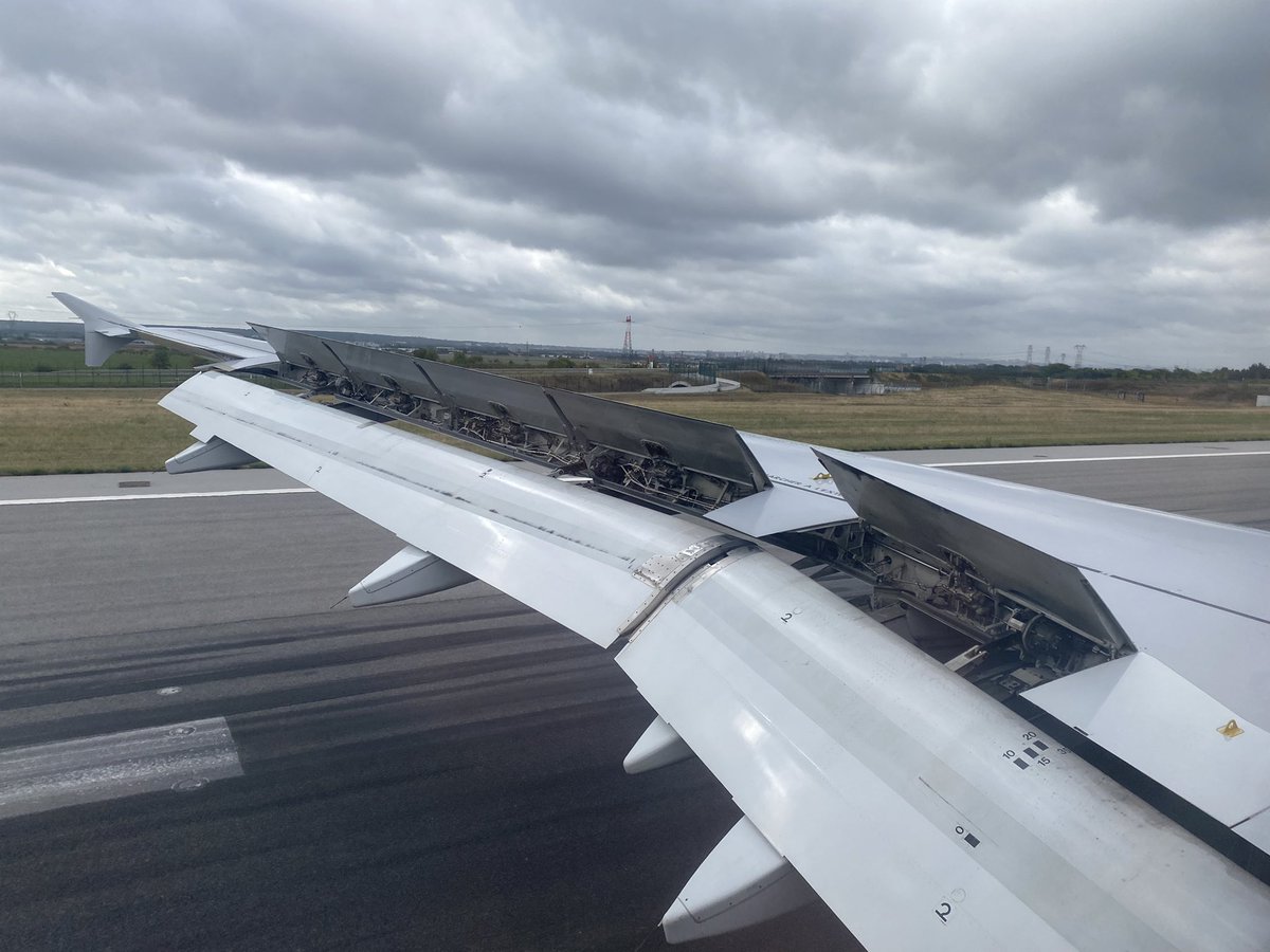 Flaps down, spoilers up.