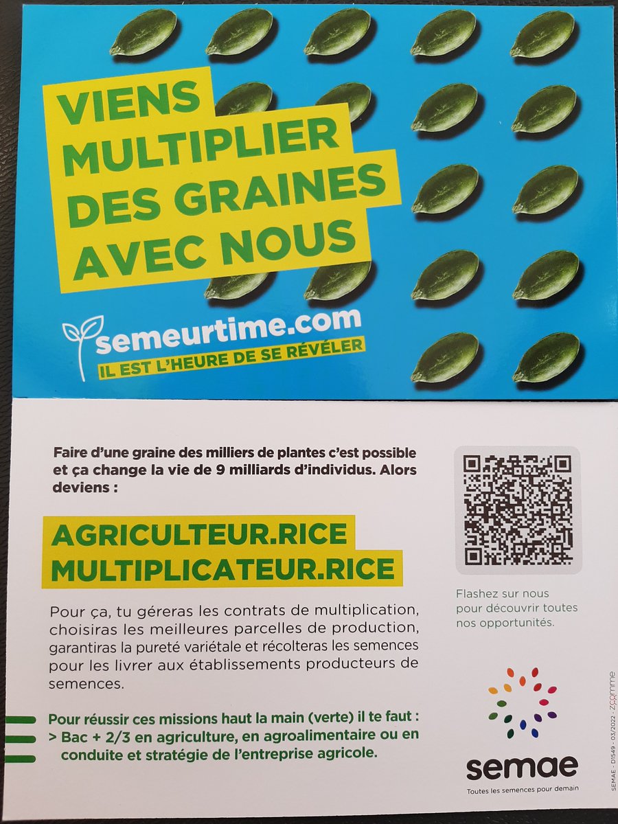 Demain je serai agriculteur et même #agriculteur #multiplicateur de #semences. Pour en savoir plus <a href="/LaFNAMS/">FNAMS</a>  et <a href="/semaeEst/">Semae Est</a> t'attendent au village étudiant de la <a href="/foiredechalons/">Foire de Châlons</a> pour répondre à tes questions.
#ceuxquifontlessemences