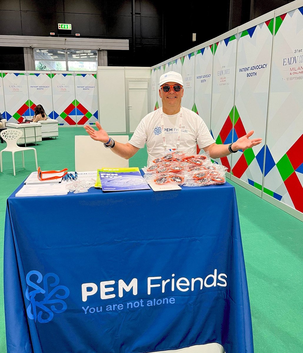 PemfriendsUk's tweet photo. Day 2 of the EADV CONGRESS 2022 and we're here and wearing the free sunglasses provided by our friends the IPPF.
Please come and see us.
Sun awareness is very important for those with skin diseases, including eye protection. 
#AIBDs
#EADVCongress https://t.co/VzG7gXkm1r