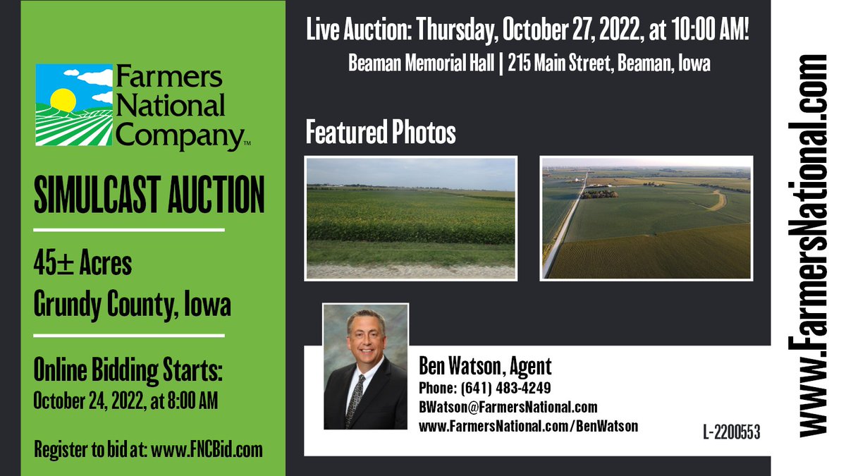 FarmersNational's tweet photo. Simulcast Auction!
45 gross acres with 44.2 acres of #tillable #cropland per the Farm Service Agency which features a CSR2 of 92.35. Located along a gravel road in a legendary area for the production of corn & soybeans.
🔗 https://t.co/HWbPQ0MnC5
#auctions #Land #forsale https://t.co/1uUSLCvNor