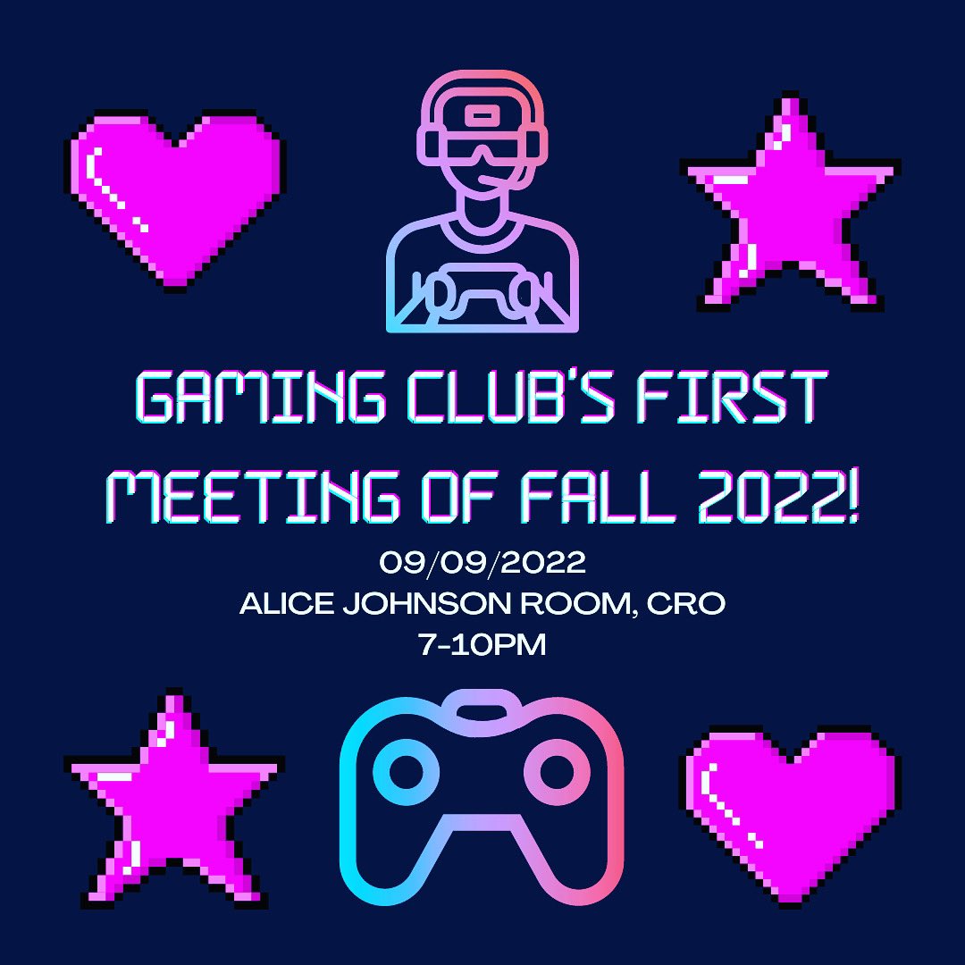 CCGamingClub's tweet photo. hello gamers our first meeting of fall 2022 is coming up! get excited https://t.co/CKSCm7mJlR