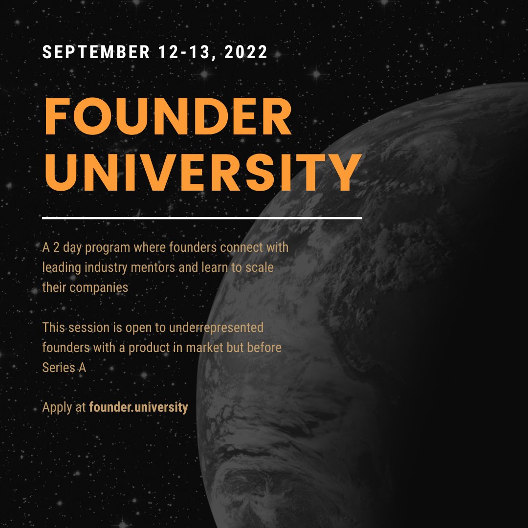 🚨 Applications are still open for Founder.University 2-day intensive workshop on Sept 12-13!

The workshop is FREE &amp; open to all pre-series A underrepresented founders.

You'll learn:
💰 #Fundraising
📈 #Growth
🏗 #Product
💳 #Sales 
➕ more

Apply intensive.founder.university