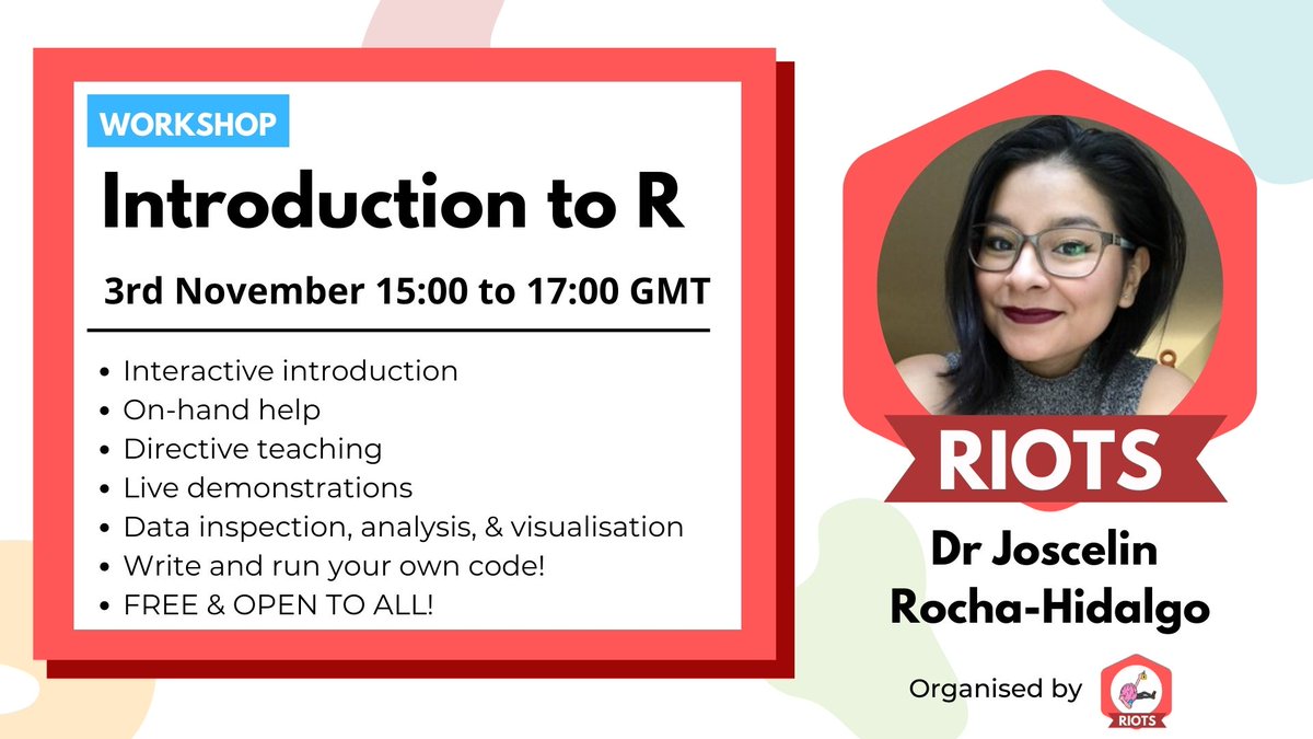 🚨 SAVE THE DATE🚨

We're hosting a FREE introductory workshop on R, thanks to the support from <a href="/JoscelinRocha/">Dr. Joscelin Rocha-Hidalgo 🏳️‍🌈🇧🇴</a> and <a href="/kathrynbates47/">Dr Kathryn Bates</a>!

Spaces are limited and registration will open soon! 

To stay informed, join our mailing list riotscienceclub@kcl.ac.uk!
