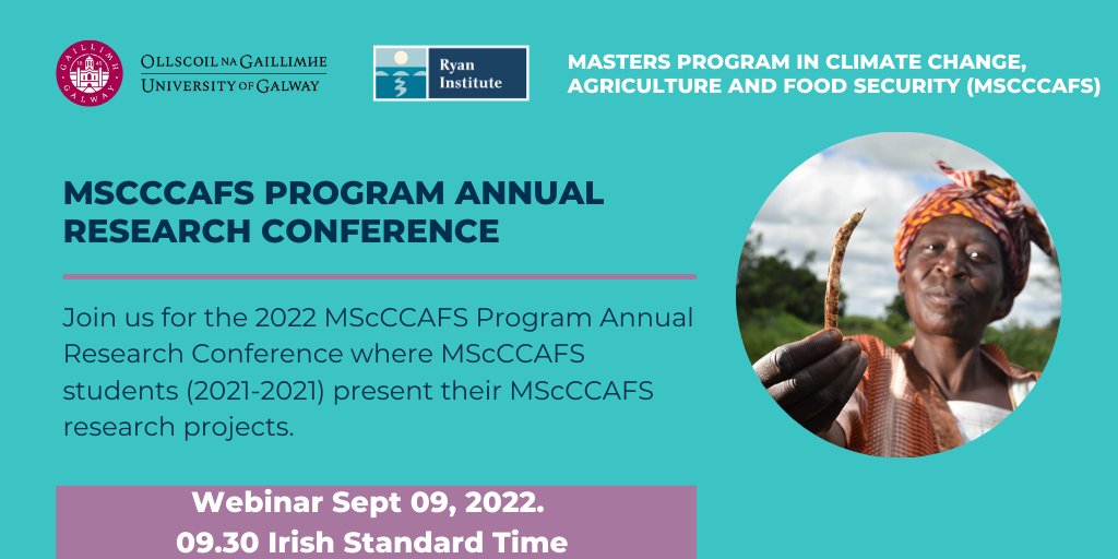 Join our 2022 Annual Climate Change, Agriculture &amp; Food Security Research Conference!

@UniOfGalway MScCCAFS students present their research projects on climate actions!
 
🕒 09:30 (IST)
📅 Friday 9th Sept 
🔗 YouTube Live 👉 youtu.be/gEmX1bSODvI

📄tinyurl.com/3wzasshe