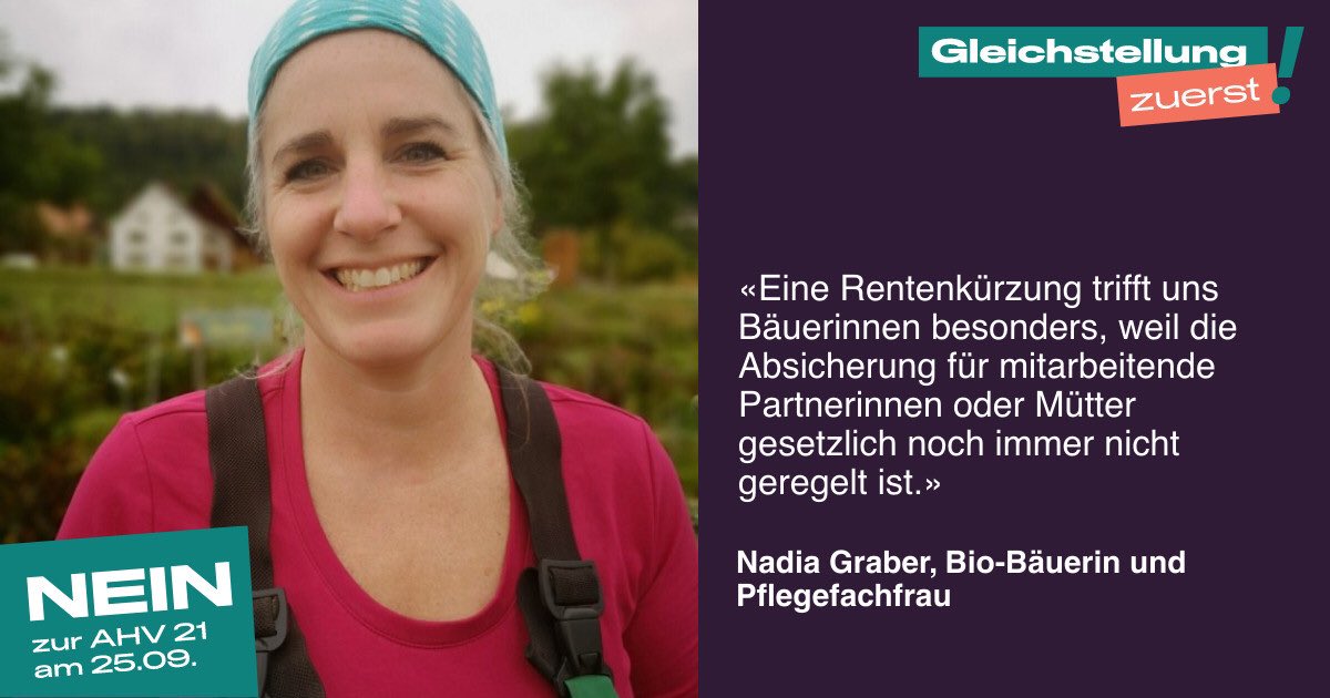 Gleichstellung zuerst! Bevor eine Rentenaltererhöhung in Frage kommt, braucht es die tatsächliche Gleichstellung in der Arbeitswelt.

👉 Sag auch du Nein zu dieser verfrühten und unfairen AHV-Reform und unterstütze uns mit einem Testimonial: ahv-nein.ch 

#AHV21Nein