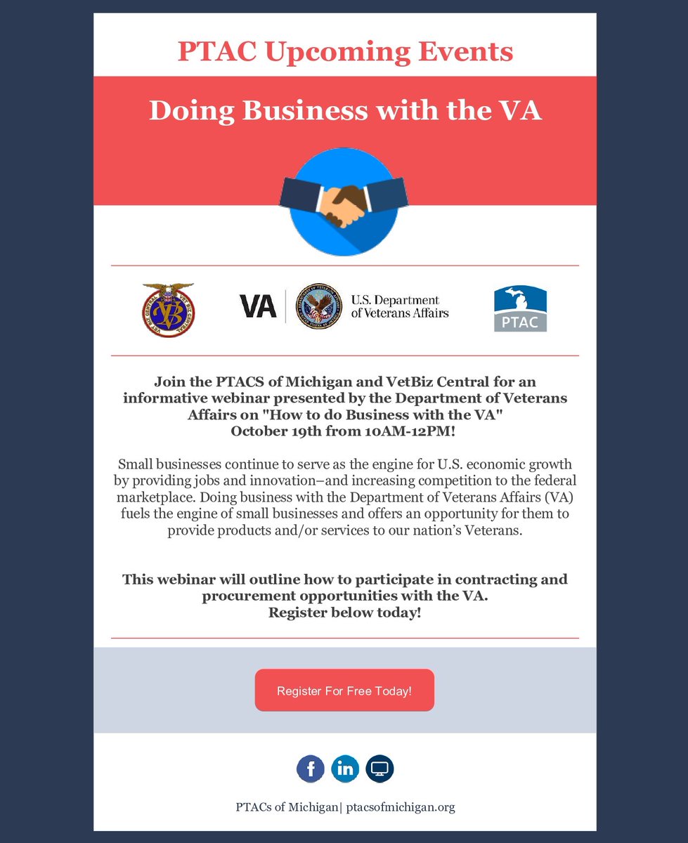 Want to learn about doing business with the VA? Register for the PTAC's of MI and VetBiz Central Webinar "How to do Business with the VA", on October 19, 2022 from 10am-12pm.

Register: register.gotowebinar.com/register/88252…
