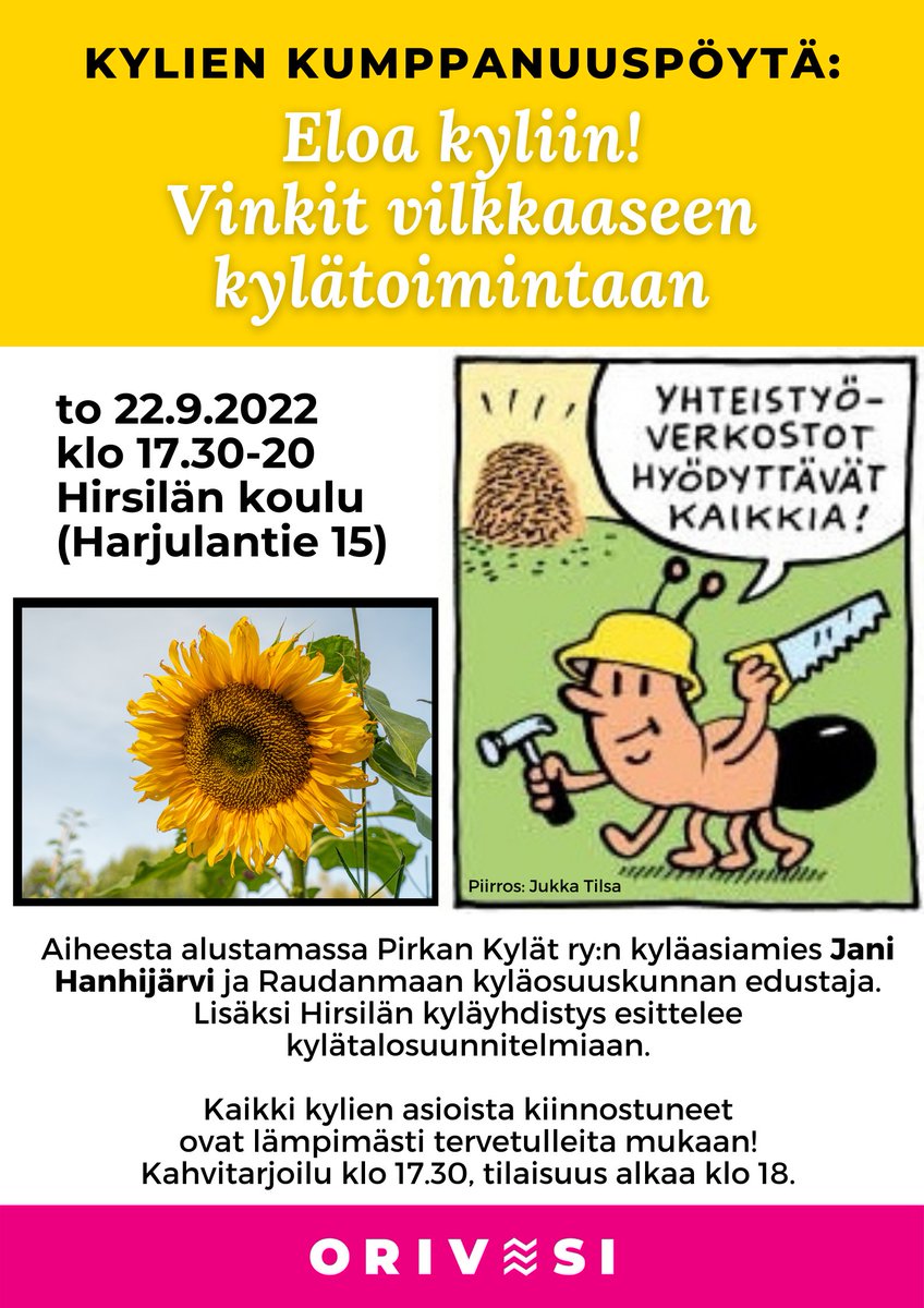 ✨ KYLIEN KUMPPANUUSPÖYTÄ:
Eloa kyliin! Vinkit vilkkaaseen kylätoimintaan
to 22.9. klo 17.30 Hirsilän koulu

Mukana Pirkan Kylät ry:n kyläasiamies Jani Hanhijärvi ja Raudanmaan kyläosuuskunnan edustaja. Hirsilän kyläyhdistys esittelee kylätalosuunnitelmia.

Lämpimästi tervetuloa!