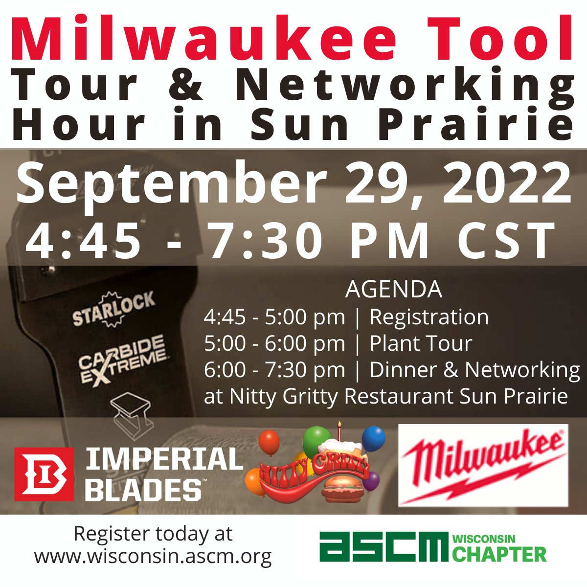 Join us at <a href="/ImperialBlades/">Imperial Blades</a> on September 29th for a tour followed by dinner and networking at Nitty Gritty in Sun Prairie! Register today: wisconsin.ascm.org/meetinginfo.ph… <a href="/ascm_hq/">ASCM</a>