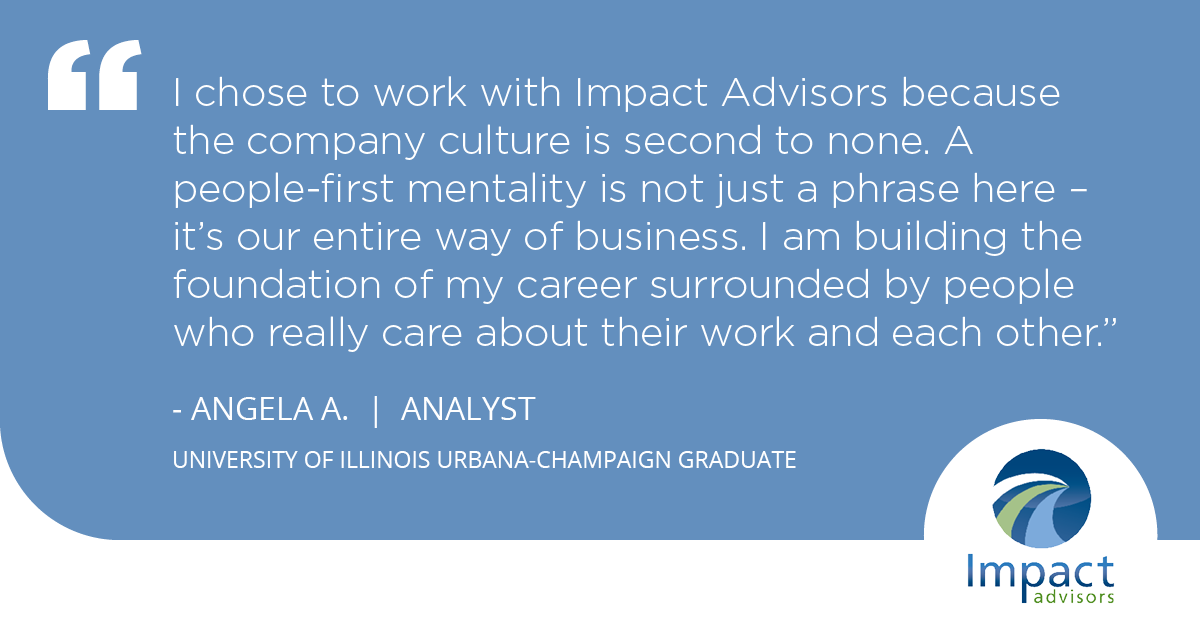 ImpactAdvisors's tweet photo. We’re excited to kick off our campus recruiting fairs today! One of our recent college graduates shared her thoughts on starting her career with Impact Advisors. #thatsimpact https://t.co/KL1TUJiYyU