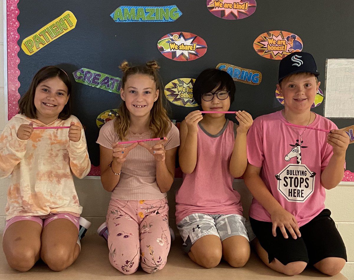 Seaside_elem's tweet photo. We recognize and support Anti-Bullying Day at Seaside by wearing pink and getting pink pencils! Allison, Brielle, Kyle, and Brayden are in grade 5 French Immersion :) https://t.co/kZD12jx4Ry